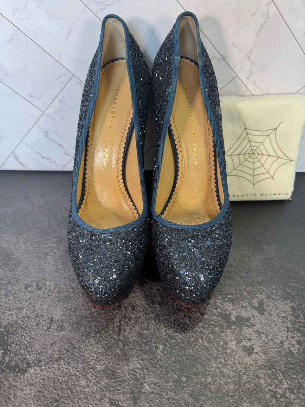Charlotte Olympia Blue Glitter Platform Pump Heels, Size 40